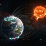 A scientific illustration showing a red dwarf star emitting solar wind that interacts with the magnetic field of a nearby rocky planet, creating bright auroral glows at the poles.