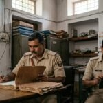 Bihar police officers examining case files and conducting an investigation leading to the arrest of a fugitive murderer father of a groping accused.