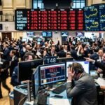 A dramatic financial chart showing a sharp decline in stock market indices and a vertical climb in government bond yields on a digital screen.
