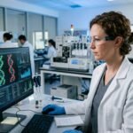A laboratory scientist analyzing complex DNA sequences on a computer screen for pediatric cancer research.
