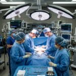 An operating room with surgeons and medical equipment, highlighting the debate on surgical efficacy.