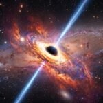 A high-contrast scientific visualization showing a supermassive black hole emitting bright blue jets that collide with and heat up orange-tinted clouds of intergalactic gas.