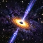 A detailed scientific visualization of a blazar jet emitting polarized X-rays from a supermassive black hole.