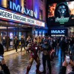 A wide-angle cinematic photo of a crowded movie theater lobby with fans dressed as Marvel characters, standing in front of a glowing digital poster for Avengers: Endgame Encore.