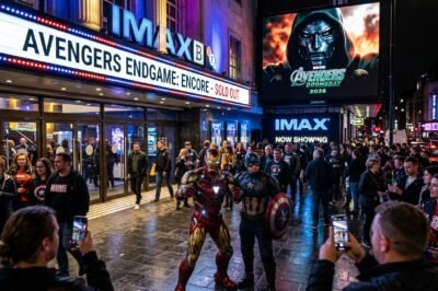 A wide-angle cinematic photo of a crowded movie theater lobby with fans dressed as Marvel characters, standing in front of a glowing digital poster for Avengers: Endgame Encore.