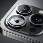 Close-up of a sophisticated smartphone camera module featuring a mechanical variable aperture iris and glass lens elements.