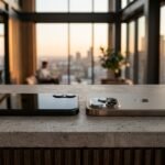A professional studio setup featuring the newest Apple iPhone duo models with titanium finishes and advanced camera lenses on a dark reflective surface.