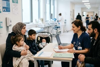A healthcare professional discusses a medical report with a patient in a modern clinical setting, representing the intersection of migration and public health services.