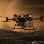 A high-tech NASA Dragonfly rotorcraft flying through the hazy orange atmosphere of Saturn's moon Titan with the ringed planet in the background.