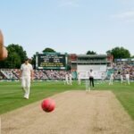 A high-quality cricket match setup featuring a pink ball on a sunny day with officials monitoring the game.