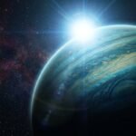 A massive, glowing gas giant exoplanet with visible atmospheric storms orbiting a brilliant, high-intensity blue-white star in the vacuum of space.