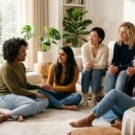 A group of diverse women of various ages and backgrounds sitting in a bright, modern living room, sharing a moment of community and supportive conversation.