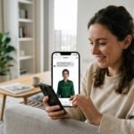 A split-screen view showing a ChatGPT interface on a smartphone and a realistic AI-generated image of a woman virtually wearing a high-fashion outfit.
