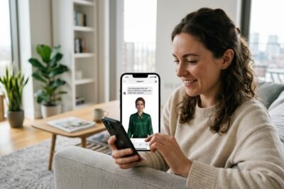 A split-screen view showing a ChatGPT interface on a smartphone and a realistic AI-generated image of a woman virtually wearing a high-fashion outfit.