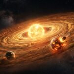 An artistic rendering of the early solar system showing the protoplanetary disk and the formation of Earth and Mars from cosmic dust.