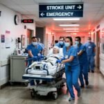 Medical staff in masks rushing a patient on a gurney through a hospital hallway, symbolizing emergency stroke care during the pandemic.