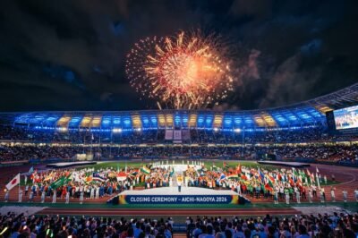 A wide-angle shot of the Aichi-Nagoya 2026 Asian Games closing ceremony featuring fireworks and athletes from across Asia.