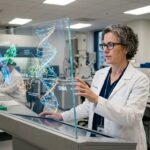 A professional medical laboratory setting with a researcher analyzing cancer treatment data on a digital interface showing molecular and statistical results.