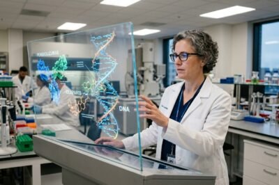 A professional medical laboratory setting with a researcher analyzing cancer treatment data on a digital interface showing molecular and statistical results.