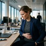 A woman in a professional office setting holding her abdomen in pain, illustrating the workplace challenges of endometriosis.