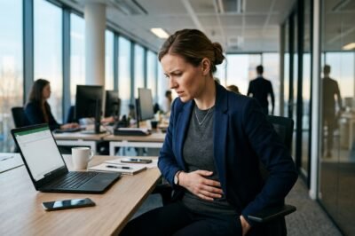 A woman in a professional office setting holding her abdomen in pain, illustrating the workplace challenges of endometriosis.