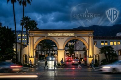 A wide-angle cinematic photo of the iconic Paramount Pictures studio gates with a digital Skydance logo overlay, symbolizing the merger of legacy and modern technology.