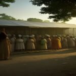 Voters standing in a long queue outside a polling station in West Bengal during the 2026 byelections.