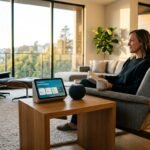 A futuristic Apple smart home setup featuring a sleek hub with a touch display, a colorful HomePod Mini, and a minimalist Apple TV on a modern wooden console table.