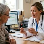 A medical professional in a clinic explaining the dosage and potential side effects of Cetirizine allergy medication to a patient.