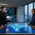 Elon Musk and Mukesh Ambani facing off over a digital map of India symbolizing the satellite internet market battle.