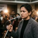 Tanushree Dutta speaking at a press conference about the MeToo movement and industry accountability.