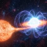A glowing, highly magnetized white dwarf star pulling gases from its companion star in a binary system, illustrating the growth beyond the Chandrasekhar limit.