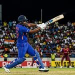 Sanju Samson hitting a massive six against West Indies to reach his 21-ball fifty record.