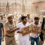Indian police officers in khaki uniforms escorting political protesters into a vehicle during a demonstration in New Delhi.