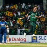 A high-action cricket match between Pakistan and Sri Lanka with players in green and blue kits competing under stadium lights.