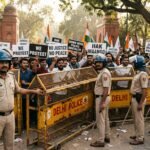 Delhi Police personnel standing guard behind yellow barricades at Jantar Mantar during a protest by CJP activists.