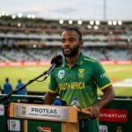 South African cricket captain Temba Bavuma looking determined during a post-match press conference after a narrow defeat.
