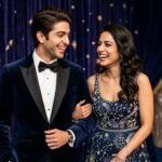 Ahaan Panday and Aneet Padda laughing together at a high-end film studio event, representing the new generation of Bollywood stars.