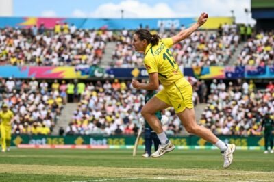 Australian bowler Megan Schutt celebrates a wicket during the ODI series sweep against the opposition.