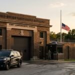 A formal view of a military court building and the American flag representing the weight of military justice and the Fort Hood gunman case.