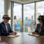 A professional business environment featuring Apple Vision Pro users collaborating through AI-enhanced spatial computing interfaces.