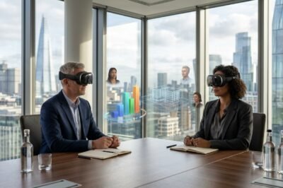 A professional business environment featuring Apple Vision Pro users collaborating through AI-enhanced spatial computing interfaces.