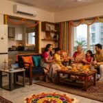 A modern Indian smart home decorated for Diwali with high-tech appliances from Amazon, Panasonic, and Samsung.