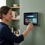 A high-tech wall-mounted Apple HomeView smart display featuring a Siri waveform interface in a modern living room setting.