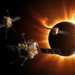 An artistic rendering of the ESA Proba-3 satellites in formation and the ISRO Aditya-L1 spacecraft observing a massive solar flare.