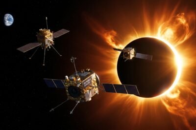 An artistic rendering of the ESA Proba-3 satellites in formation and the ISRO Aditya-L1 spacecraft observing a massive solar flare.