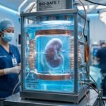 A laboratory visualization of a pig kidney being treated with iron oxide nanoparticles and electromagnetic fields for cryopreservation recovery.