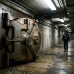 An industrial laboratory hallway with heavy reinforced doors and radioactive warning symbols, representing Kodak's secret reactor.
