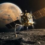 A digital rendering of the JAXA MMX spacecraft descending onto the cratered surface of Phobos with Mars visible in the background.