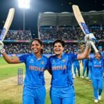 Indian women's cricket team celebrating a 3-0 series victory sweep on the field with trophies.